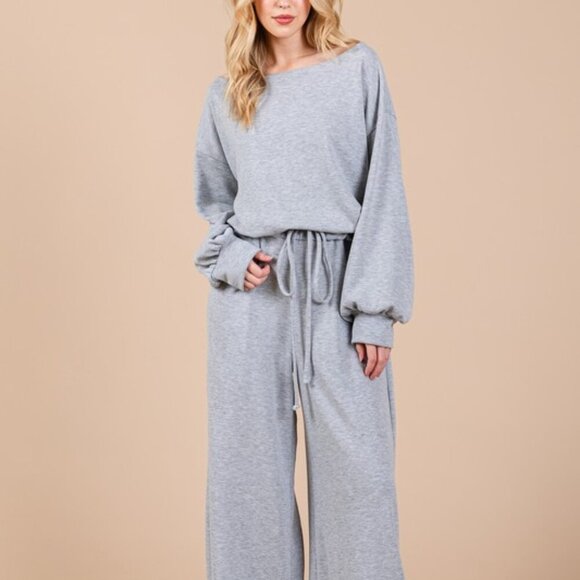 Gray Boat Neck Long Sleeve Drawstring Jumpsuit - Picture 3 of 6